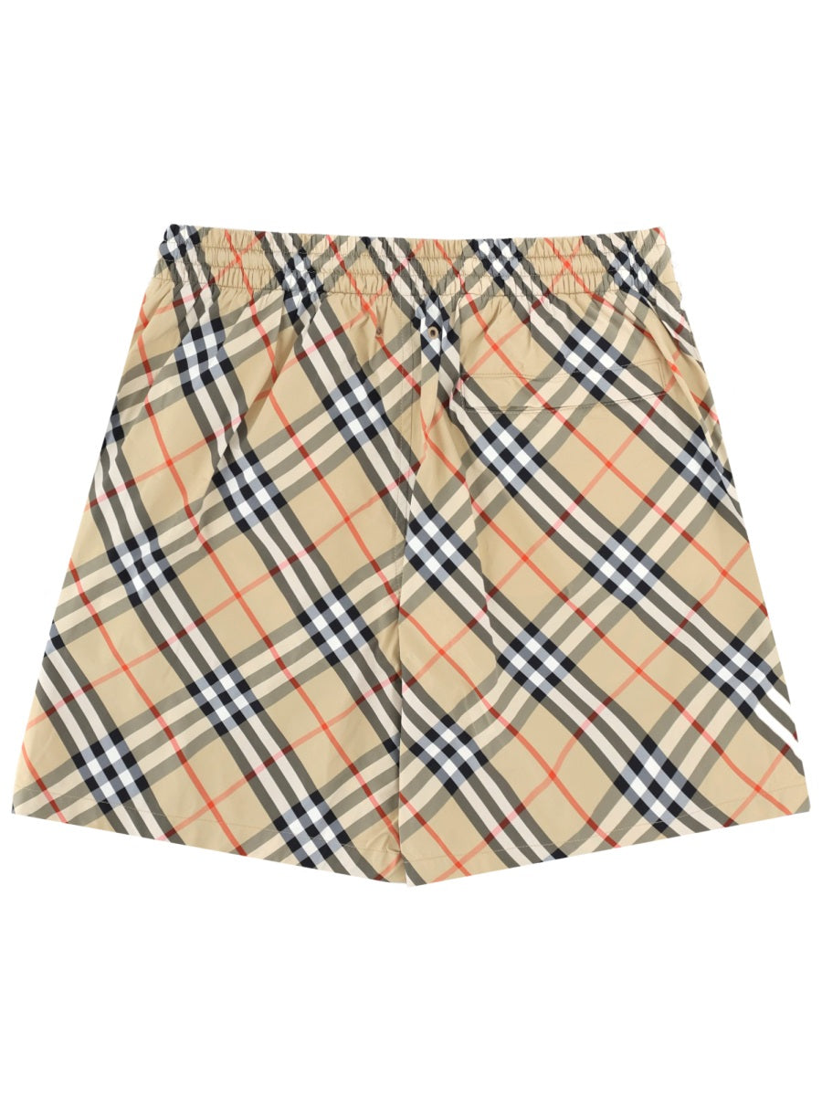 Beige Check Pattern Drawstring Swim Shorts