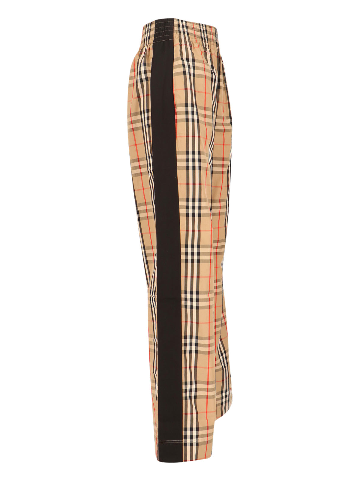 Beige Cotton Sport Pants With Multicolor Check Pattern And Contrast Stripes